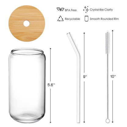 Glass Iced Coffee Cups with Bamboo Lids & Straws (Set of 4)