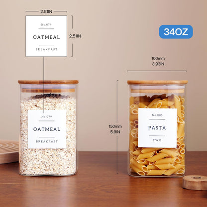 Square Glass Pantry Jars with Bamboo Lids & 132 Labels