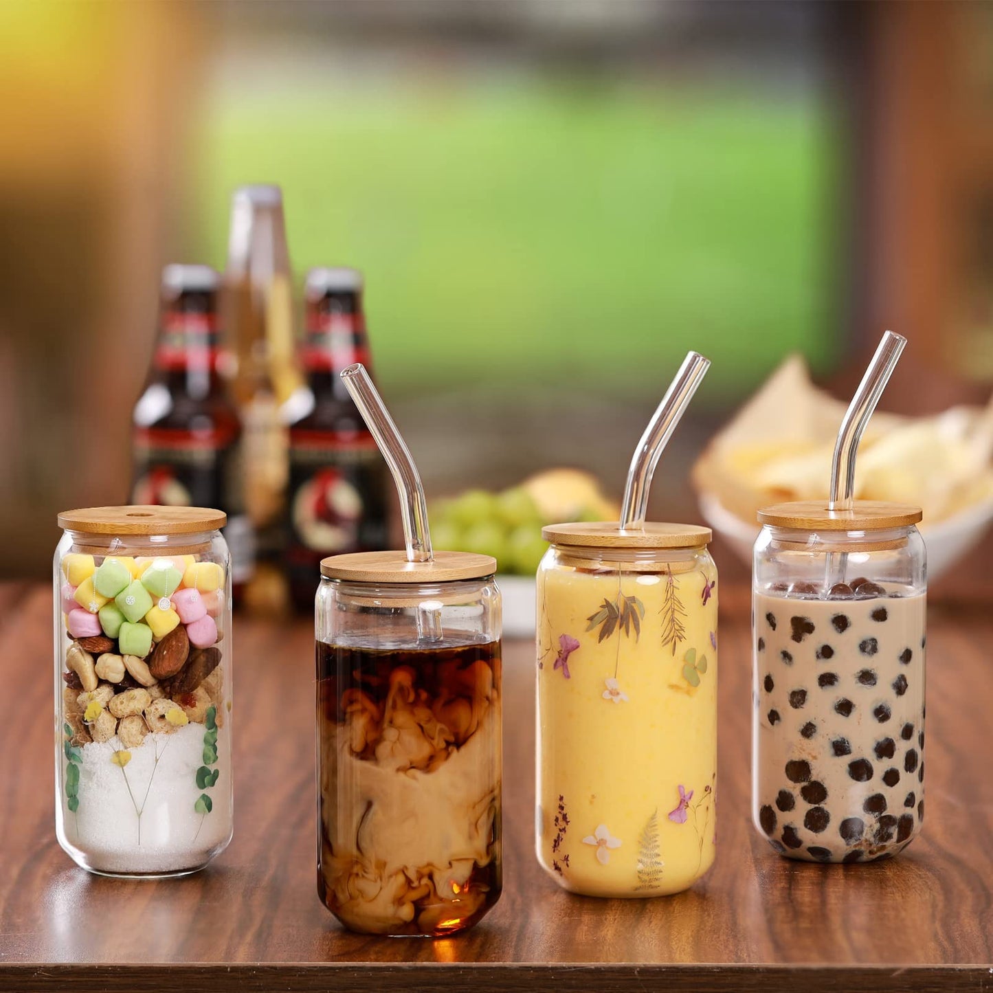 Glass Iced Coffee Cups with Bamboo Lids & Straws (Set of 4)