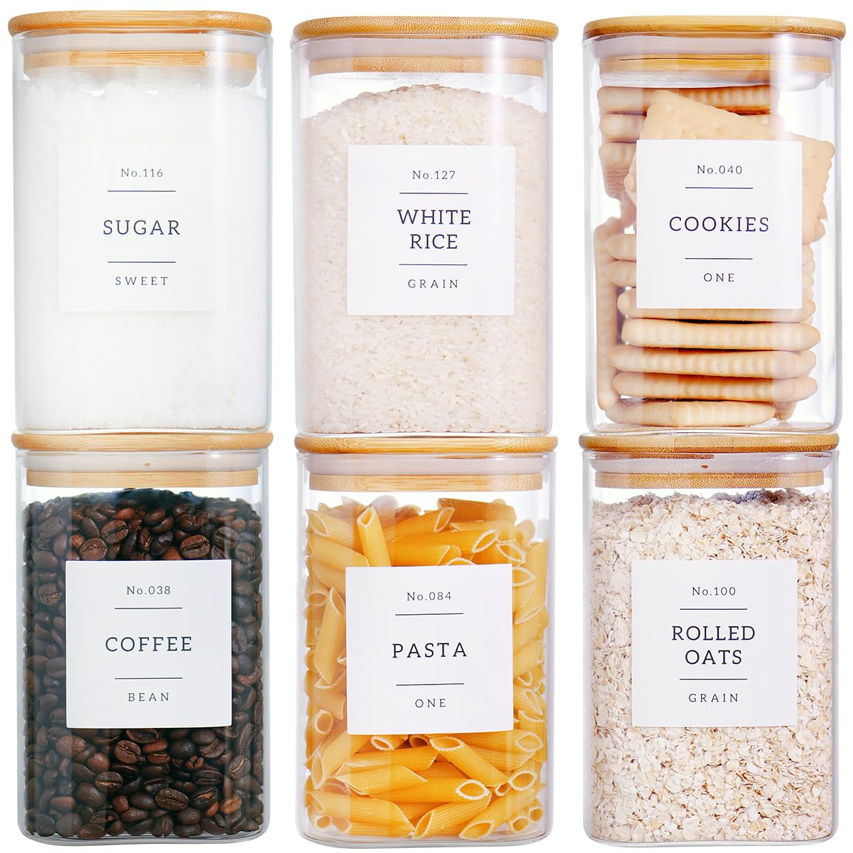 Square Glass Pantry Jars with Bamboo Lids & 132 Labels