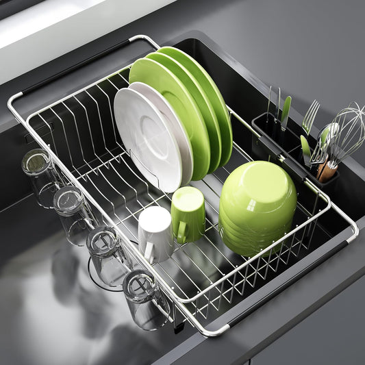 Expandable Over-the-Sink Dish Drying Rack with Utensil Holder