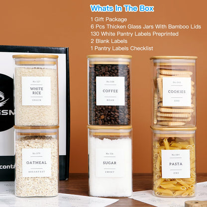 Square Glass Pantry Jars with Bamboo Lids & 132 Labels