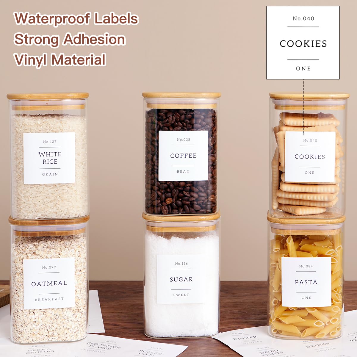 Square Glass Pantry Jars with Bamboo Lids & 132 Labels