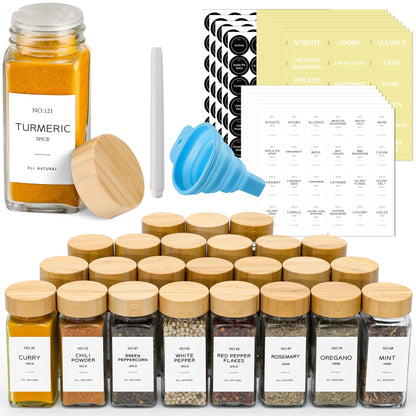 Glass Spice Jars with Bamboo Lids (Set of 24)