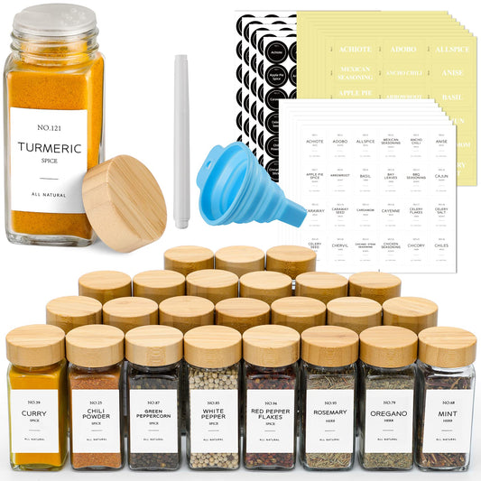 Glass Spice Jars with Bamboo Lids (Set of 24)