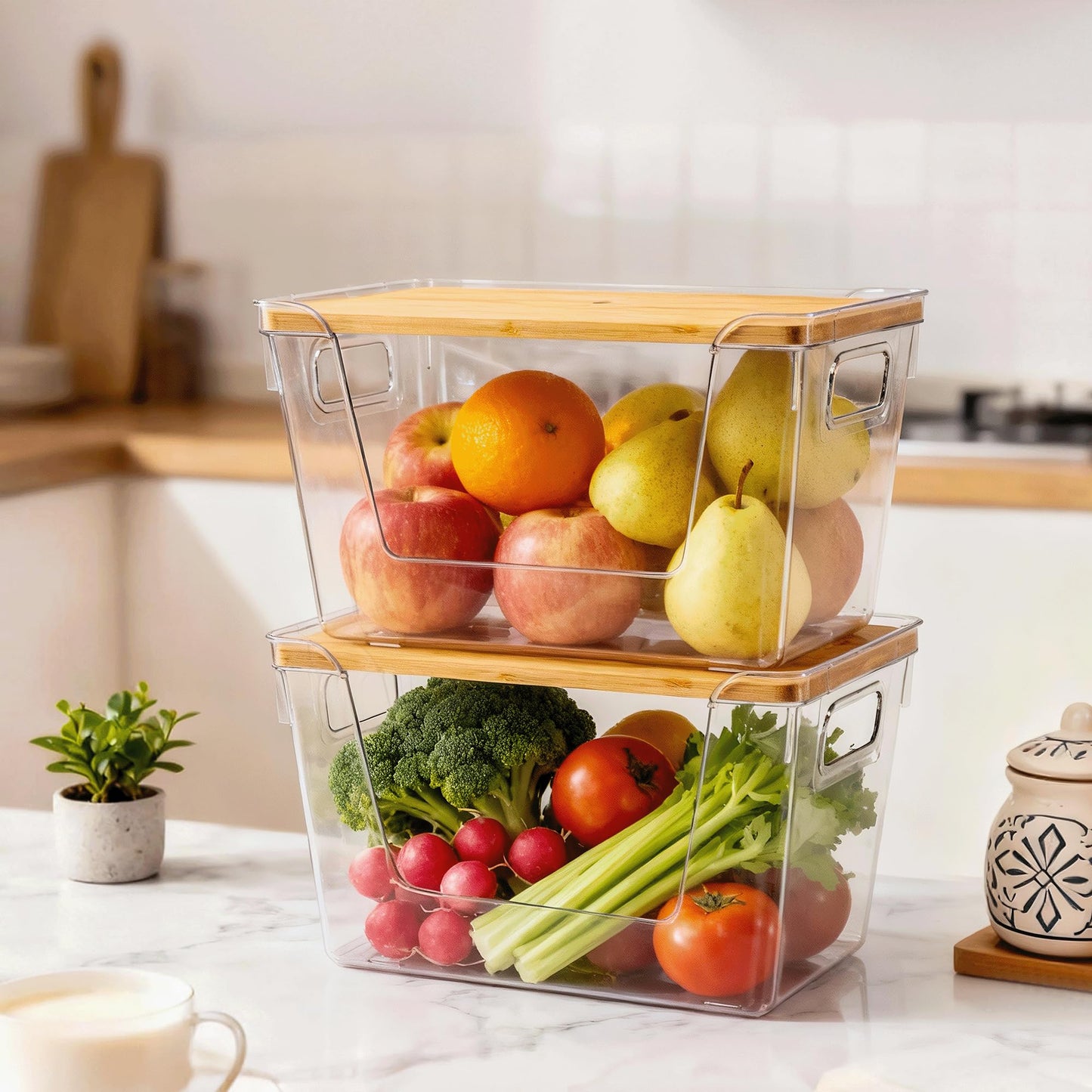 Stackable Clear Pantry Bins with Bamboo Lids (Set of 2)