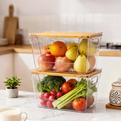 Stackable Clear Pantry Bins with Bamboo Lids (Set of 2)