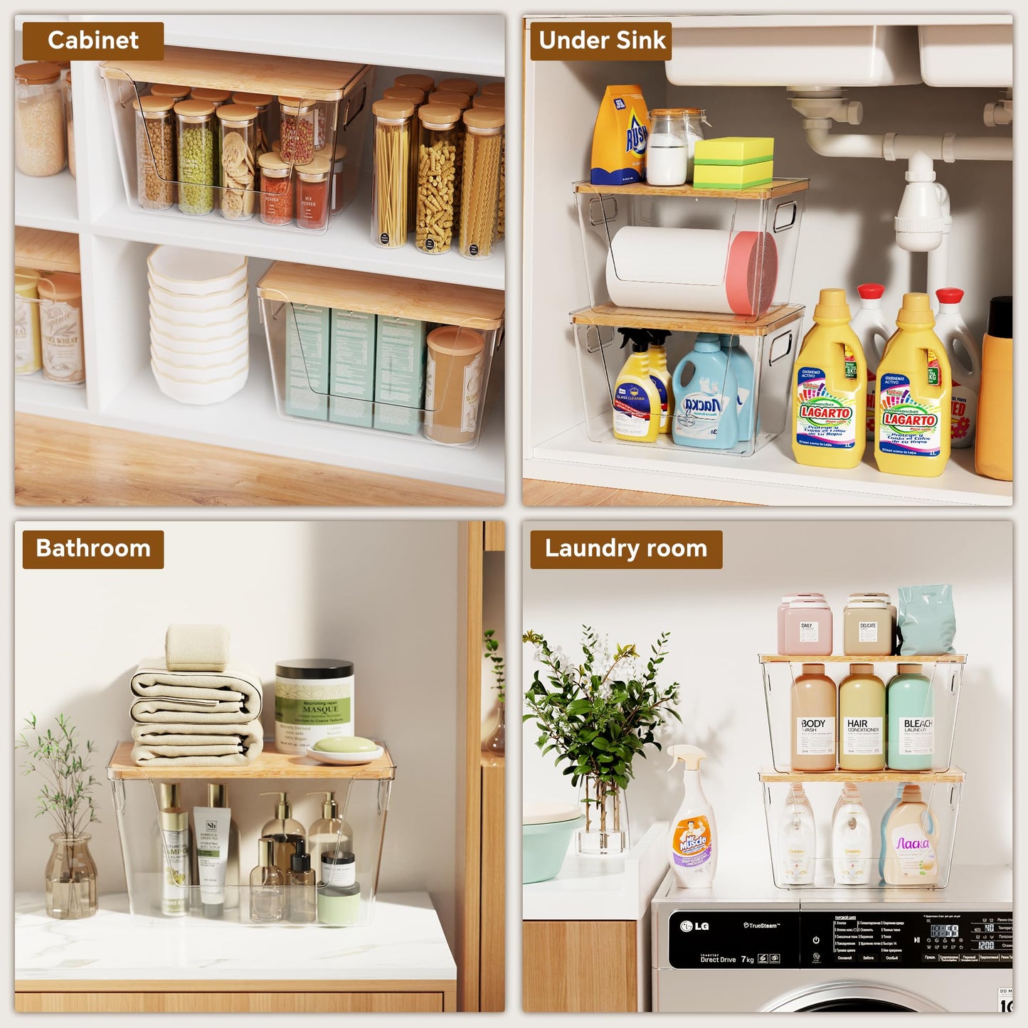 Stackable Clear Pantry Bins with Bamboo Lids (Set of 2)