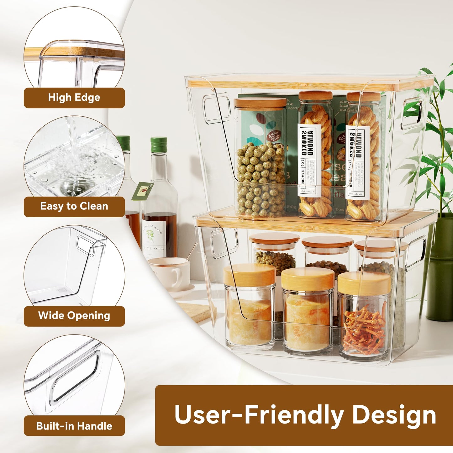 Stackable Clear Pantry Bins with Bamboo Lids (Set of 2)