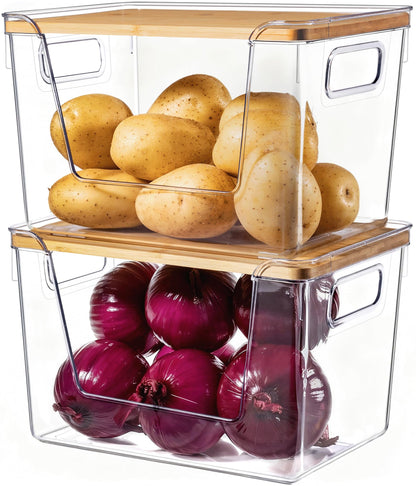 Stackable Clear Pantry Bins with Bamboo Lids (Set of 2)