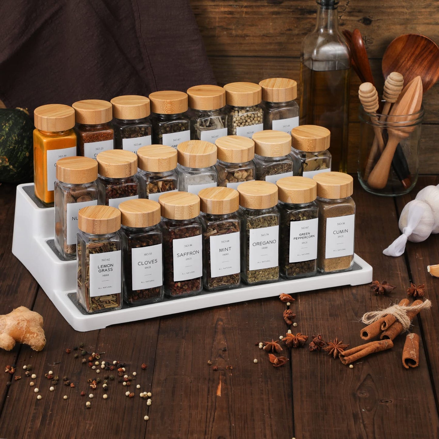 Glass Spice Jars with Bamboo Lids (Set of 24)