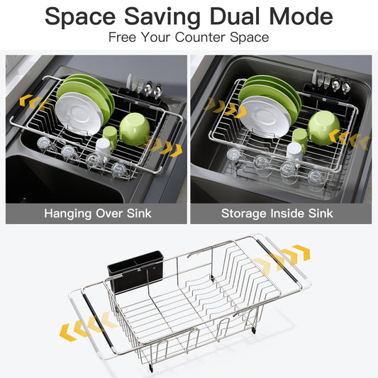 Expandable Over-the-Sink Dish Drying Rack with Utensil Holder