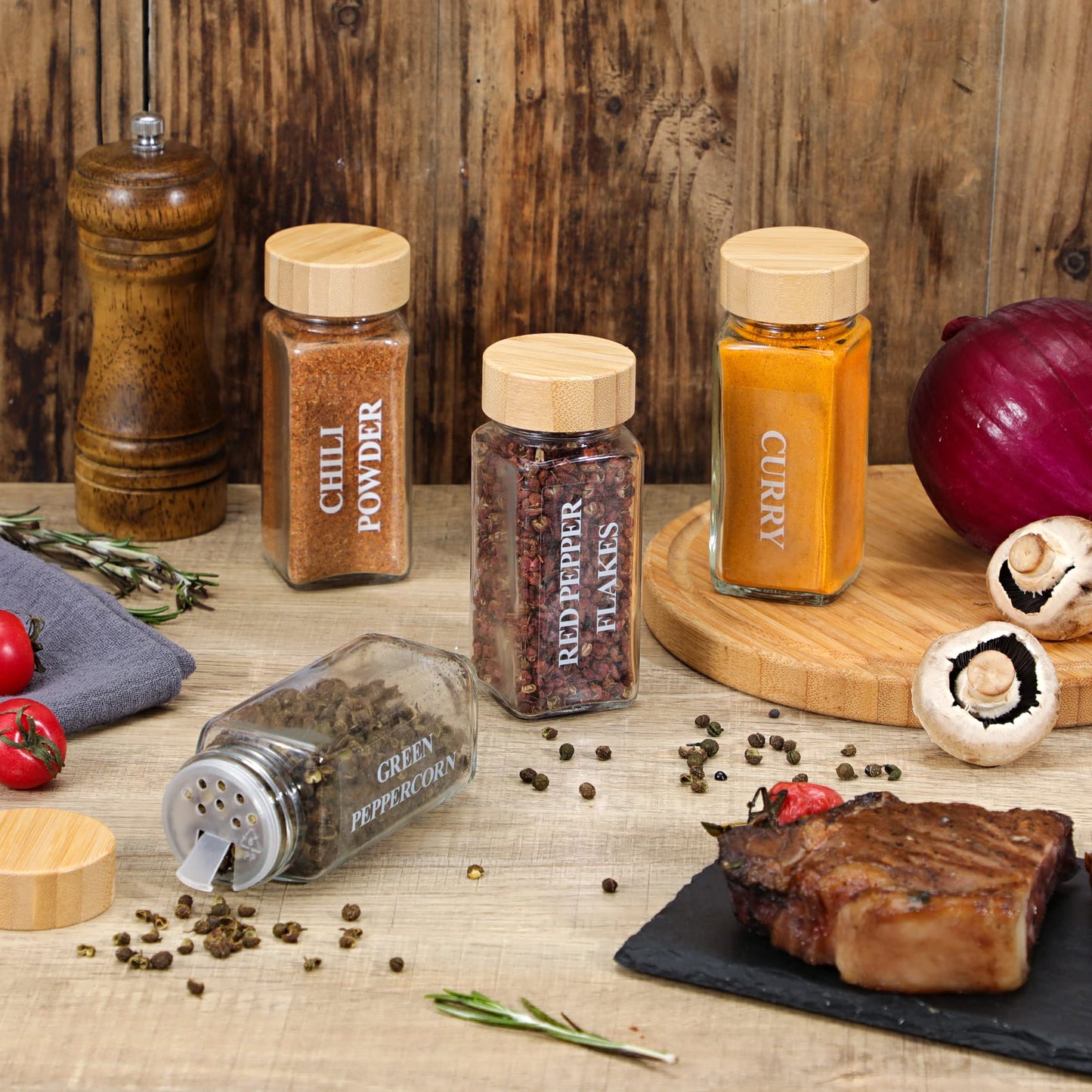 Glass Spice Jars with Bamboo Lids (Set of 24)