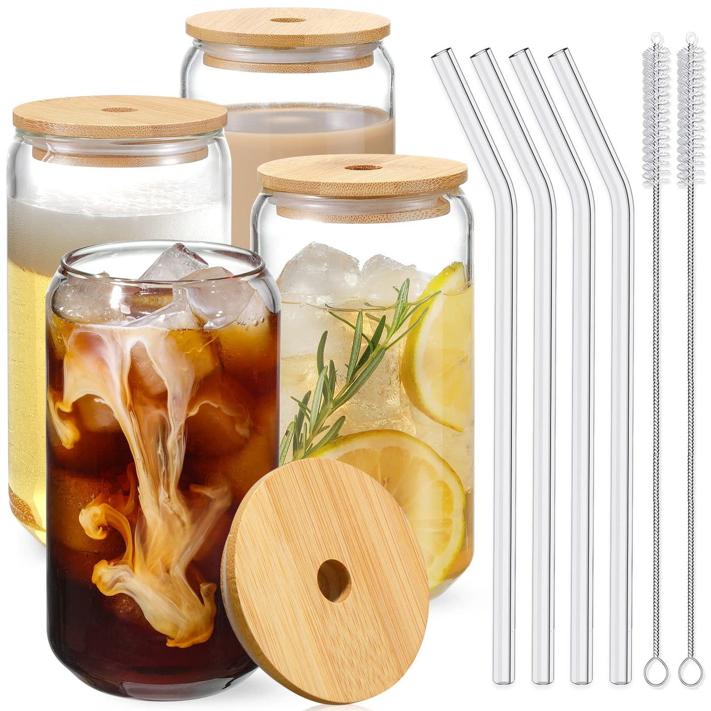 Glass Iced Coffee Cups with Bamboo Lids & Straws (Set of 4)