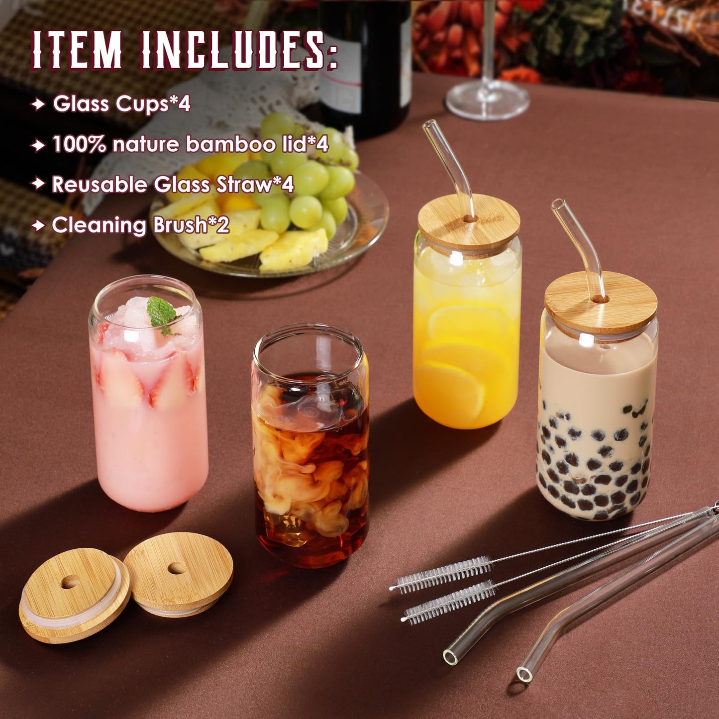 Glass Iced Coffee Cups with Bamboo Lids & Straws (Set of 4)