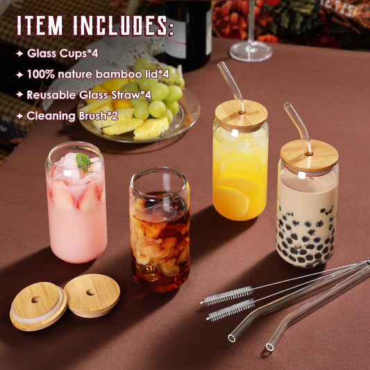 Glass Iced Coffee Cups with Bamboo Lids & Straws (Set of 4)