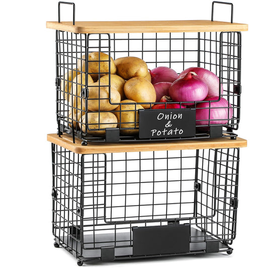 Stackable Wire Baskets with Bamboo Tops & Labels (Set of 2)
