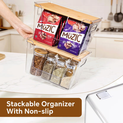 Stackable Clear Pantry Bins with Bamboo Lids (Set of 2)