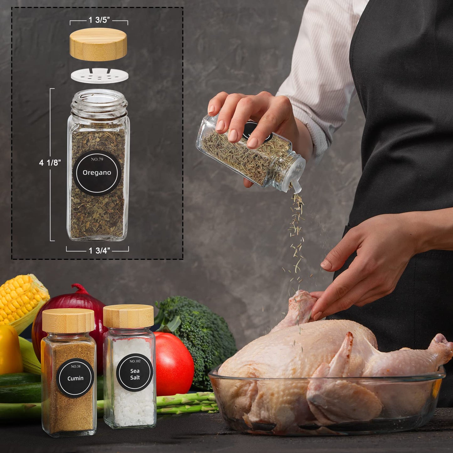 Glass Spice Jars with Bamboo Lids (Set of 24)